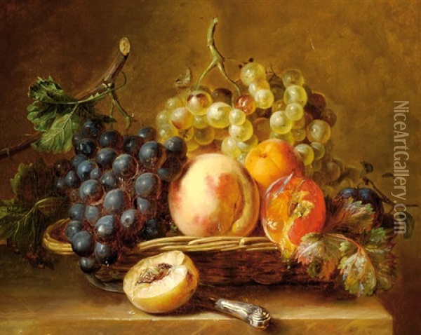 Still Life With Fruit In A Basket And A Knife On A Ledge Oil Painting - Adriana Johanna Haanen