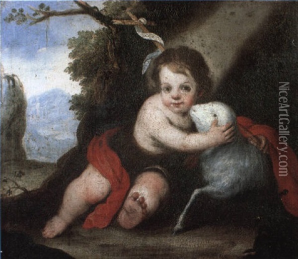 The Infant St. John The Baptist With A Lamb In A Landscape Oil Painting - Bartolome Esteban Murillo
