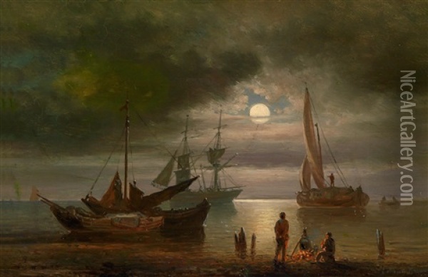 Stille See Bei Mondbeleuchtung In Holland Oil Painting - Elias Pieter van Bommel