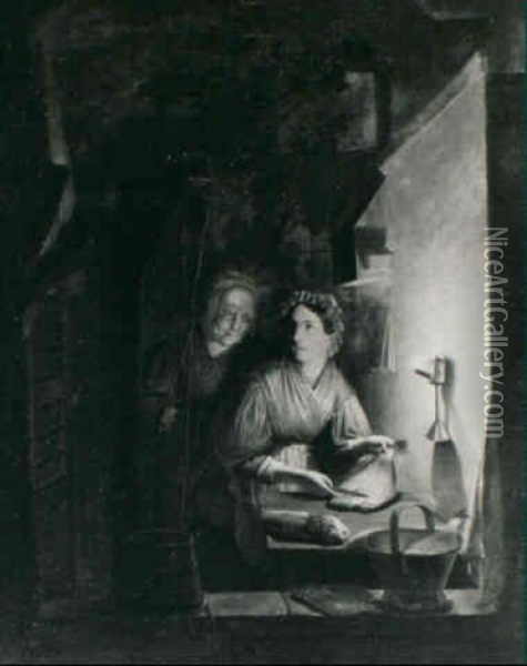 A Fishmonger By The Light Of An Oillamp Oil Painting - Johannes Rosierse