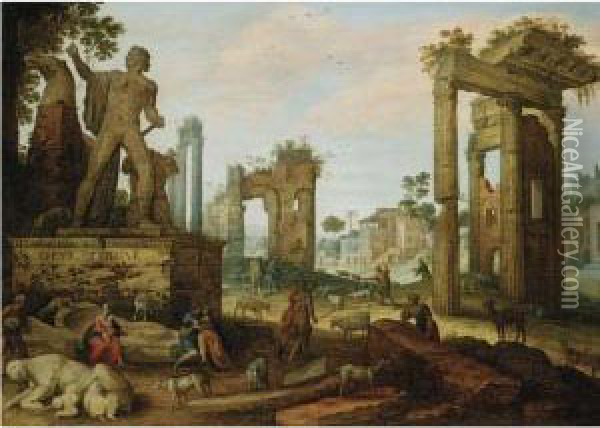 The Forum Romanum: Shepherds With Their Flock Amidst The Remains Ofroman Antiquities, An Amorous Peasant Couple In Theforeground Oil Painting - Willem van, the Younger Nieulandt
