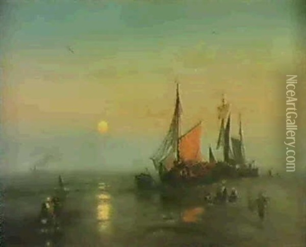 Moonlit Fishing Scene Oil Painting - Hermann Herzog