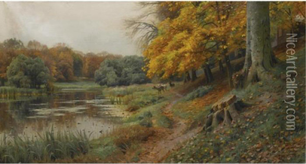 Efterarslandskab Med En Hjort (deer In An Autumn Landscape) Oil Painting - Peder Mork Monsted