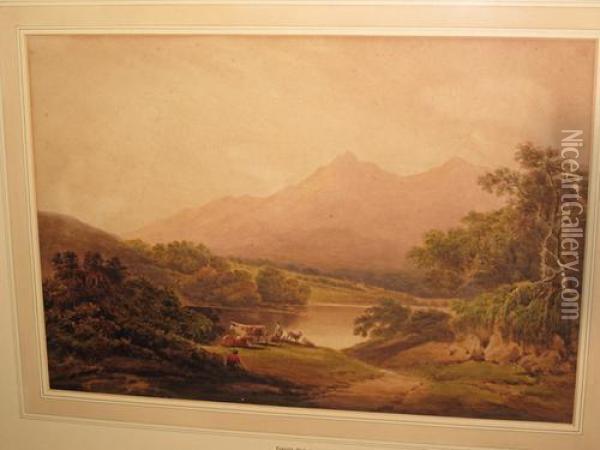 Shepherd, Cattle And Goats Before A Mountain Lake Landscape Oil Painting - Nicholson, F.