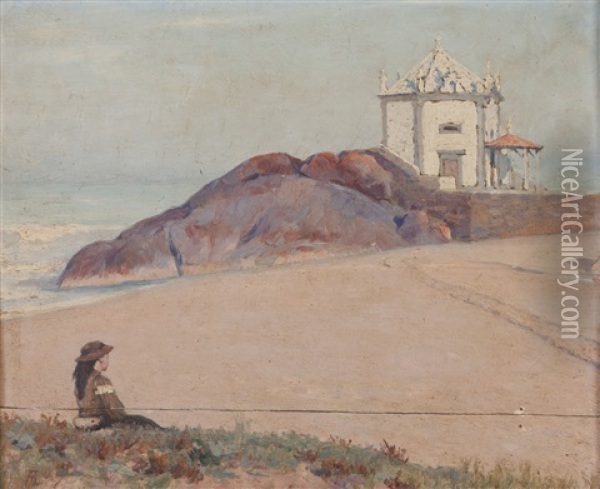 Landscape With Beach, Figure And Church Oil Painting - Arthur Loureiro
