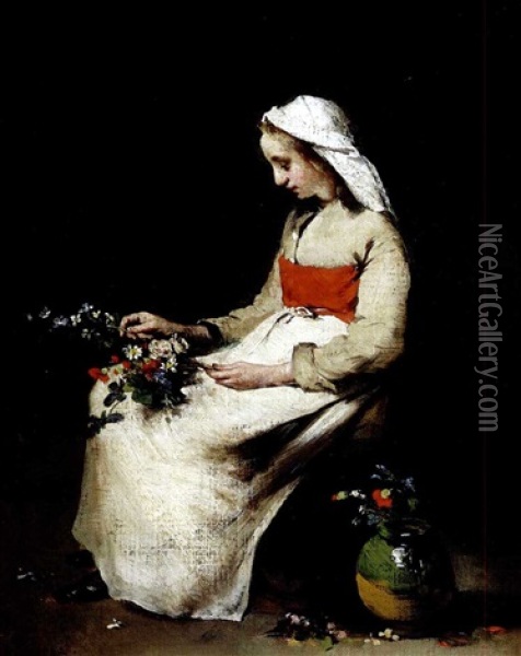 A Girl Arranging A Vase Of Flowers Oil Painting - Theodule Ribot