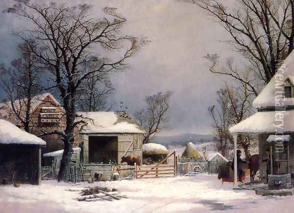 Farmyard, Winter Oil Painting - George Henry Durrie