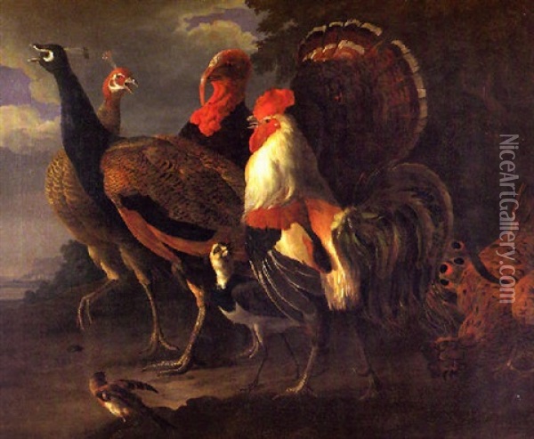 Huhner, Pfauen Und Wasservogel Vor Einer Weiten Landschaft Oil Painting - Melchior de Hondecoeter