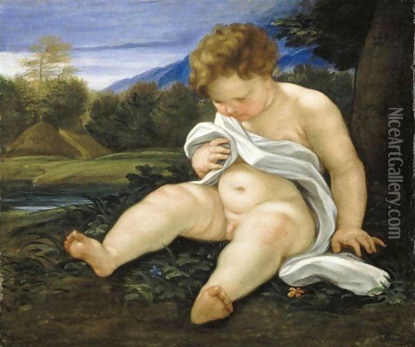 A Putto In A Landscape Oil Painting - Giovanni Battista (Baciccio) Gaulli