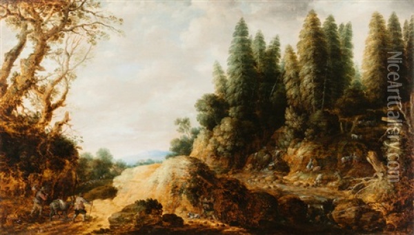 Baumreiche Landschaft Mit Wanderern, Maultier Und Ziegen Oil Painting - Gillis (Egidius I) Peeters