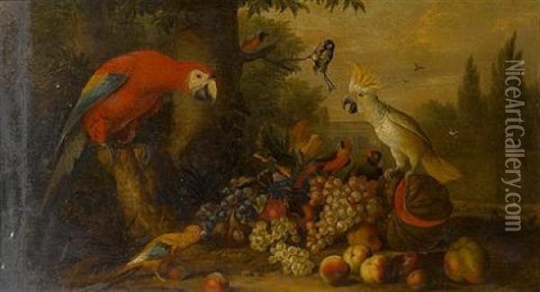 A Parrot, A Blue Tit And Other Birds With Grapes, Peaches, A Melon And Apples In A Park Landscape Oil Painting - Jakob Bogdani
