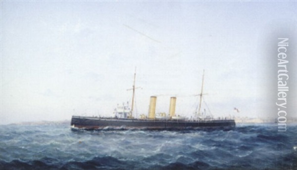 An Apollo Class Protected Cruiser Of The 1890s, Off Grand Harbour, Valetta, Malta Oil Painting - Luigi Maria Galea