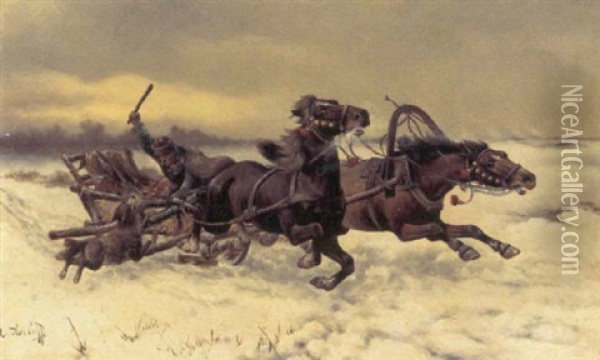 Hestetrukken Slaede Pa Flugt Fra En Arrig Ulv Oil Painting - Adolf (Constantin) Baumgartner-Stoiloff