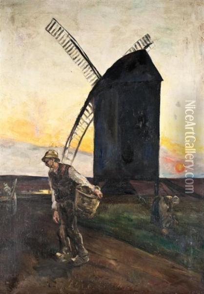 Peasants In Dutch Landscape With Windmill Oil Painting - Lesser Ury