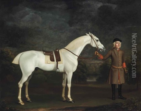 A Saddled Grey Thoroughbred Racehorse Being Held By A Groom Oil Painting - James Seymour