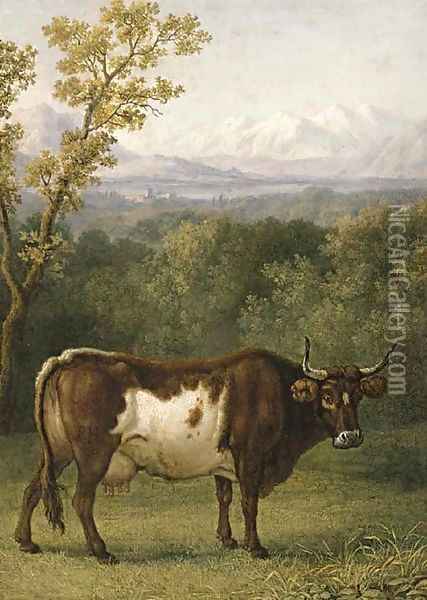 A cow out to pasture, an Alpine landscape beyond Oil Painting - Jacob Philipp Hackert