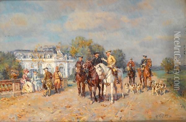 Elegant Hunters On Horse Back Oil Painting - Wilhelm Velten