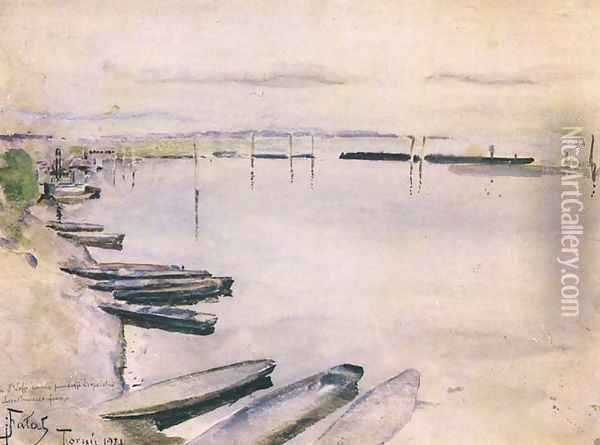 Boats on Banks of Vistula River Oil Painting - Julian Falat