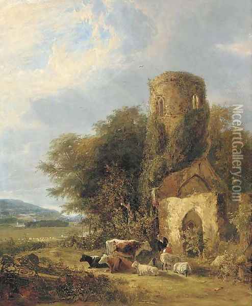 Figures and livestock by the ruins of St. Andrew's at Whitlingham Oil Painting - George Vincent