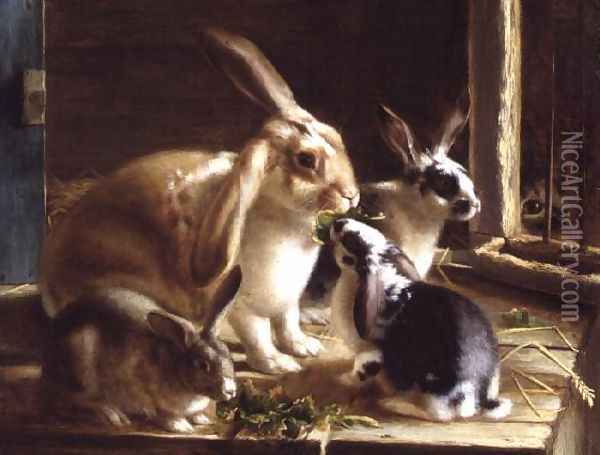 Long-eared rabbits in a cage, watched by a cat Oil Painting - Horatio Henry Couldery