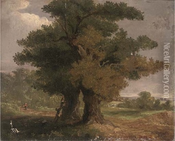 A Wooded Landscape With Figures By A Tree Oil Painting - James Arthur O'Connor