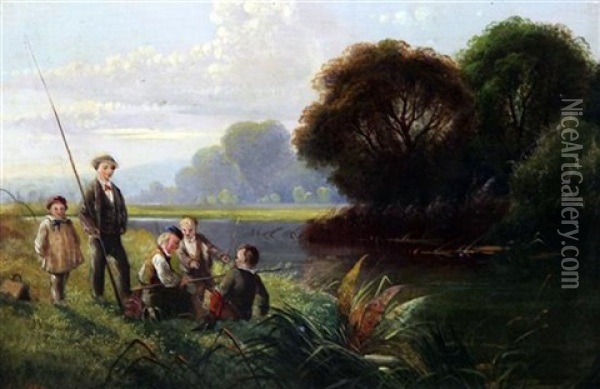 River Scene With Boys Fishing Oil Painting - Edwin Henry Boddington