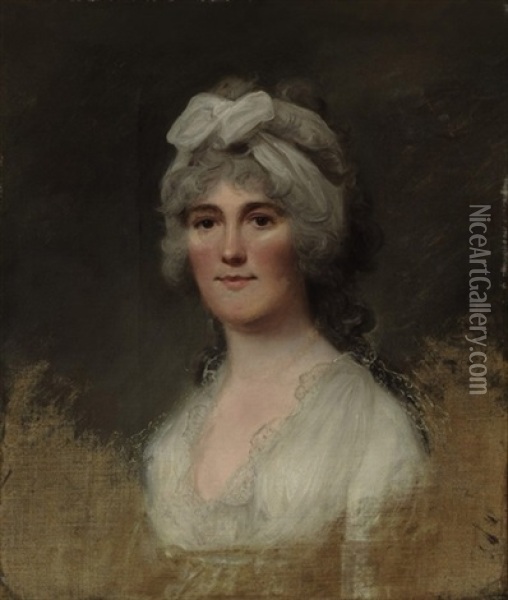 Portrait Of Mrs. Coppell With A White Bonnet Oil Painting - Sir William Beechey