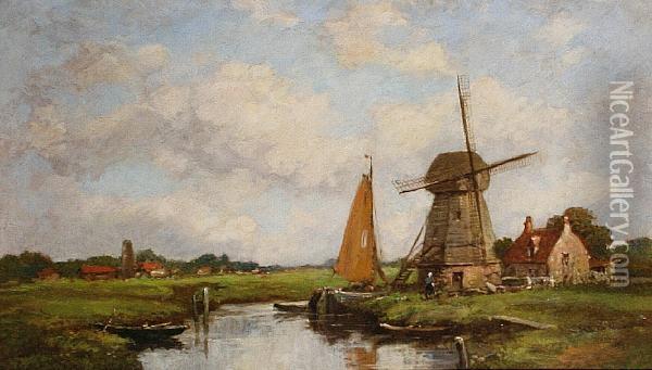 A Windmill In A Canal Landscape Oil Painting - Jacob Henricus Maris