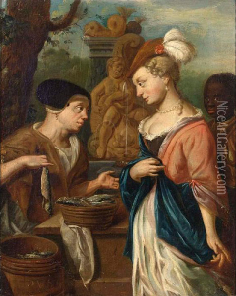 A Woman Selling Herring To An Elegant Lady And Her Servant, A Fountain Beyond Oil Painting - Jacob Van Toorenvliet