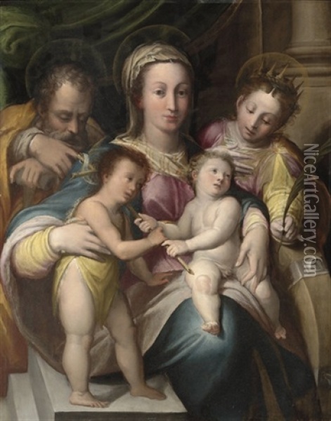 The Holy Family With The Infant Saint John Baptist And Saint Catherine Of Alexandria Oil Painting - Denys Calvaert