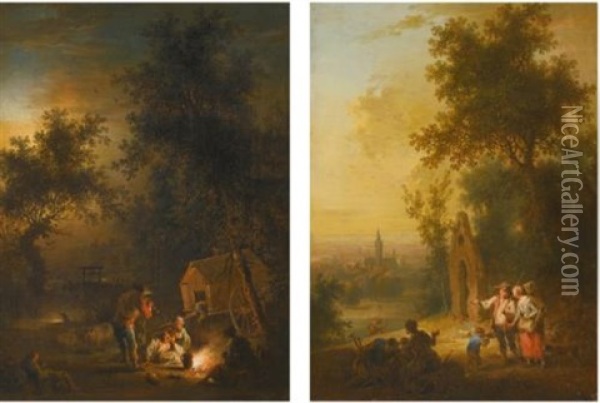 A Landscape With Travellers At Night Resting By A Roadside Fire; A Landscape With Travellers Outside A Town (pair) Oil Painting - Johann Conrad Seekatz