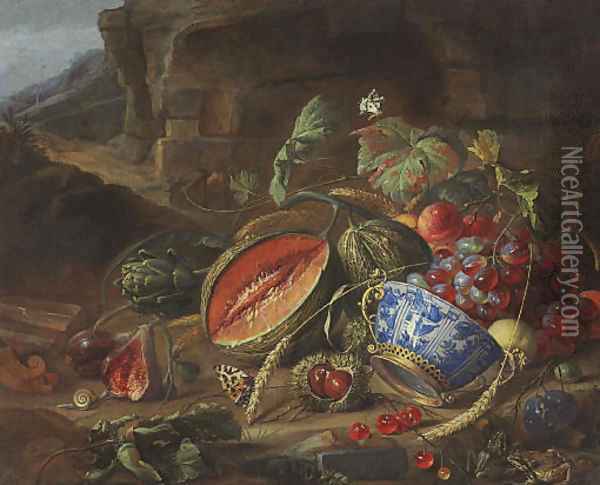 Melons, peaches, grapes, cherries and other fruits, with a wan-li porcelain bowl with gilt mount, insects and butterflies, in a landscape Oil Painting - Cornelis De Heem