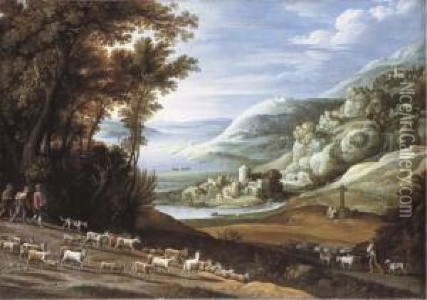 An Extensive Italianate Landscape With Goatherds, A Shepherd And Their Flocks Oil Painting - Marten Ryckaert