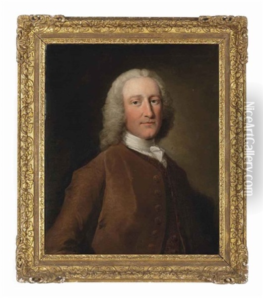 Portrait Of A Gentleman In A Brown Coat And White Stock Oil Painting - Thomas Frye