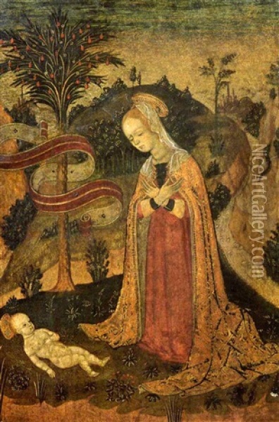 The Madonna Adoring The Child In A Hilly Landscape Oil Painting - Bonifacio Bembo