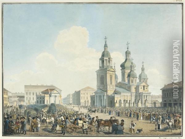 Sennaia Square, St Petersburg Oil Painting - Alexander Pavlovich Bruloff