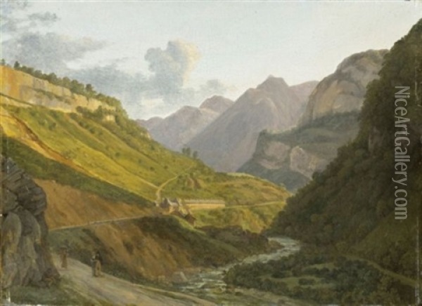 Vue Des Eaux-chaudes Dans Les Basses-pyrenees Oil Painting - Alexandre Louis Robert Millin Du Perreux