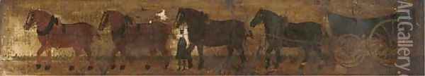 A cart and horses in a landscape Oil Painting - English School