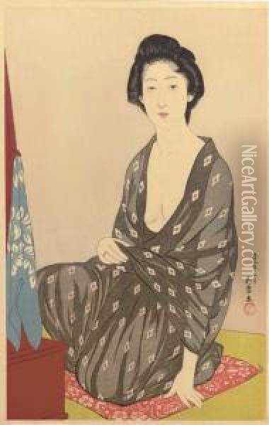 Woman In A Summer Kimono Oil Painting - Goyo Hashiguchi