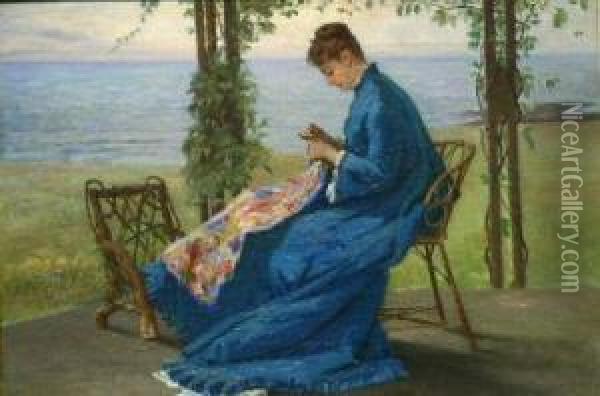 Sewing On The Veranda Oil Painting - Frank Henry Shapleigh