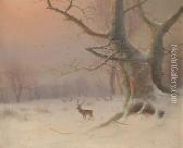 Stags In A Winter Landscape And A Companion Oil Painting - Nils Hans Christiansen