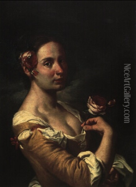 Portrait D'une Jeune Femme Se Parant D'une Rose Oil Painting - Giacomo Ceruti