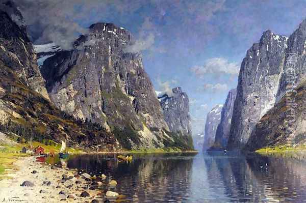 Boats in a Fjord (Båter på fjorden) Oil Painting - Adelsteen Normann