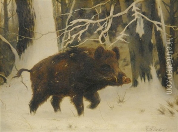 Wildschwein Im Winterwald Oil Painting - Carl Friedrich Deiker