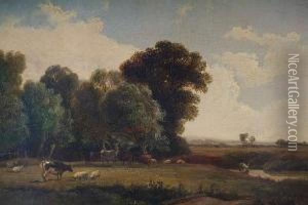 Landscape With Cattle And Sheep Grazing, Withfisherman By A Riverside Oil Painting - Edwin H., Boddington Jnr.