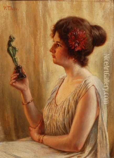 Junge Frau, Eine Bronzestatuette Betrachtend Oil Painting - Victor Tobler