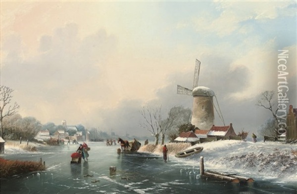 A Frozen River Landscape Oil Painting - A. de Groote