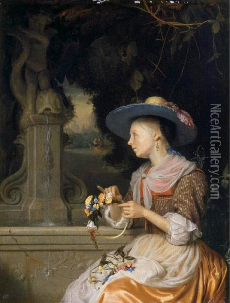 A Woman Weaving A Crown Of Flowers Oil Painting - Godfried Schalcken
