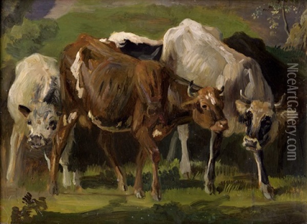 Studie Mit Zwei Rindern Und Einem Kalb Oil Painting - Christian Friedrich Gille