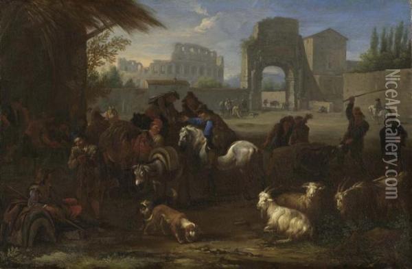 Hirten Mit Vieh Vor Dem Kolosseum In Rom. Oil Painting - Pieter van Bloemen